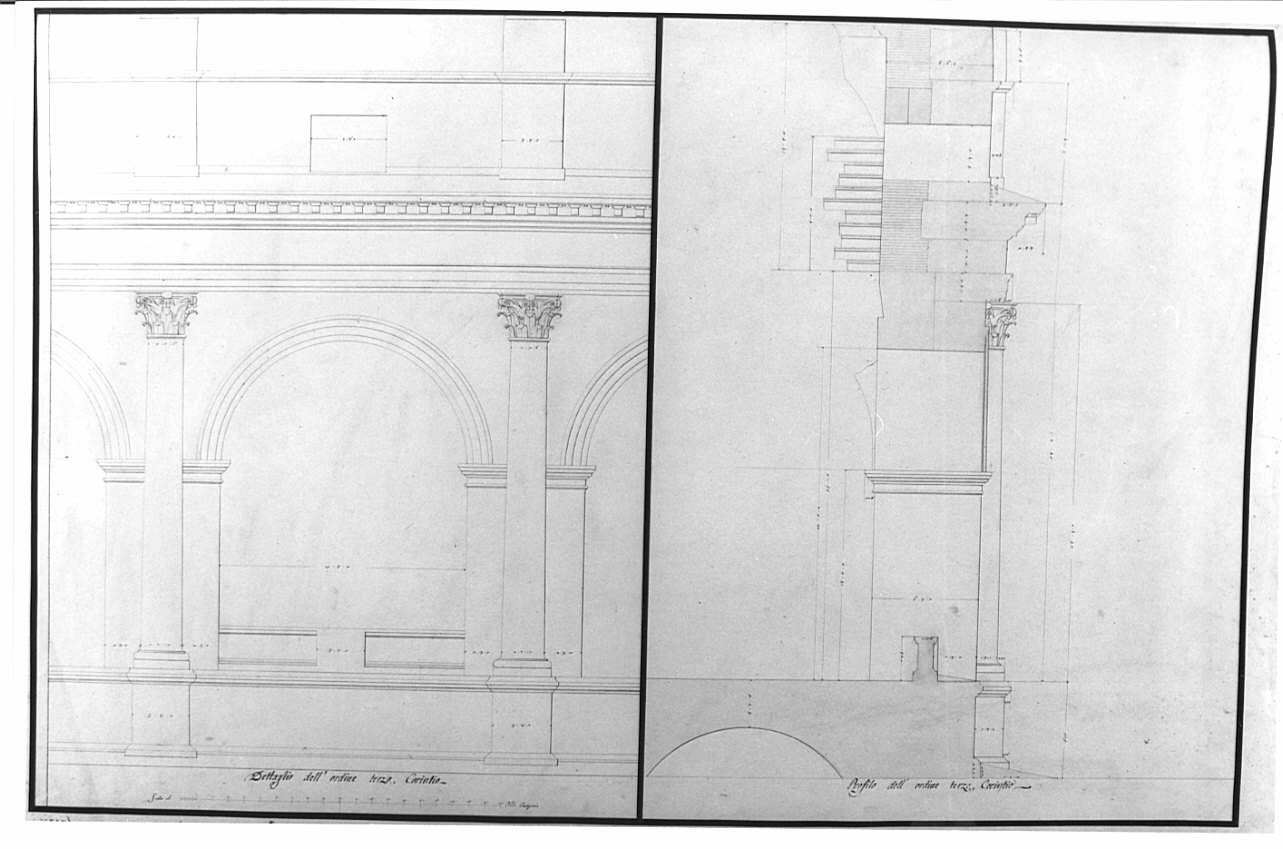 dettaglio e profilo del terzo ordine corinzio, architettura: progetto di restauro dell'Anfiteatro Flavio (disegno, opera isolata) di Voghera Luigi (sec. XIX)