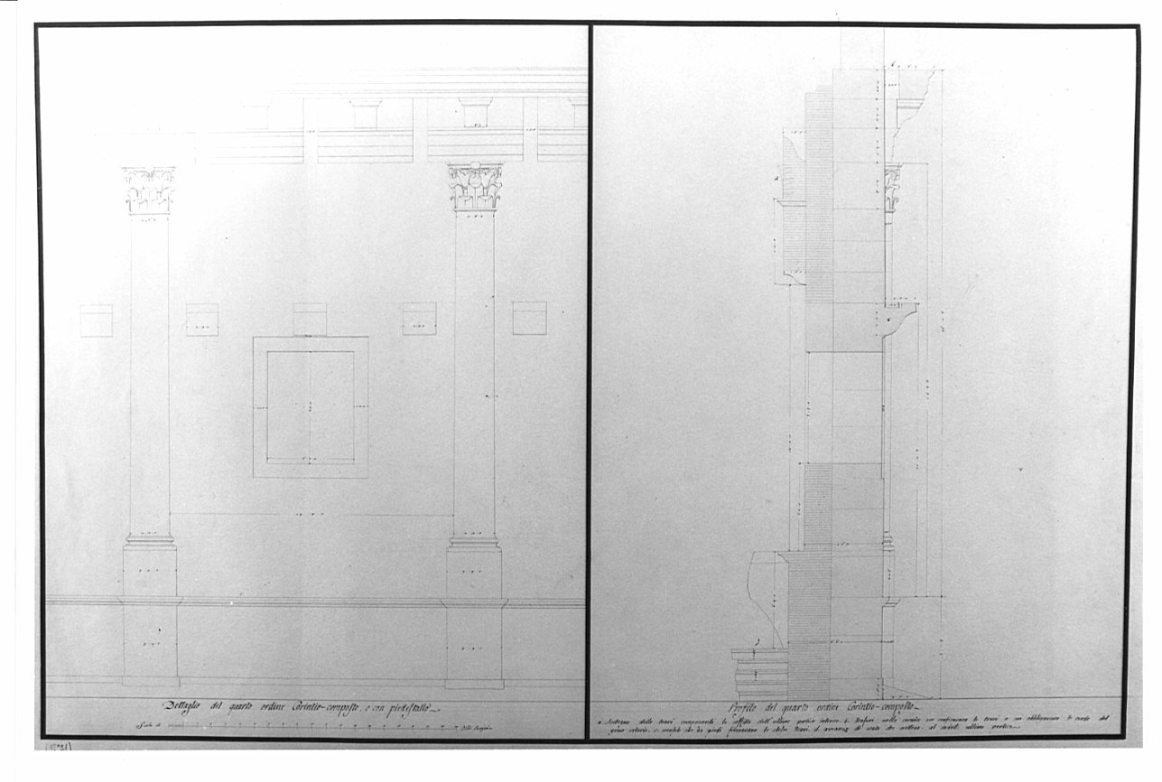 dettaglio e profilo del quarto ordine corinzio composito, architettura: progetto di restauro dell'Anfiteatro Flavio (disegno, opera isolata) di Voghera Luigi (sec. XIX)