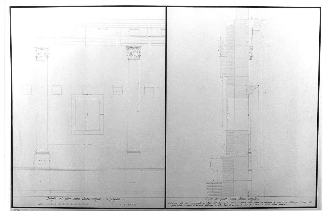 dettaglio e profilo del quarto ordine corinzio composito, architettura: progetto di restauro dell'Anfiteatro Flavio (disegno, opera isolata) di Voghera Luigi (sec. XIX)