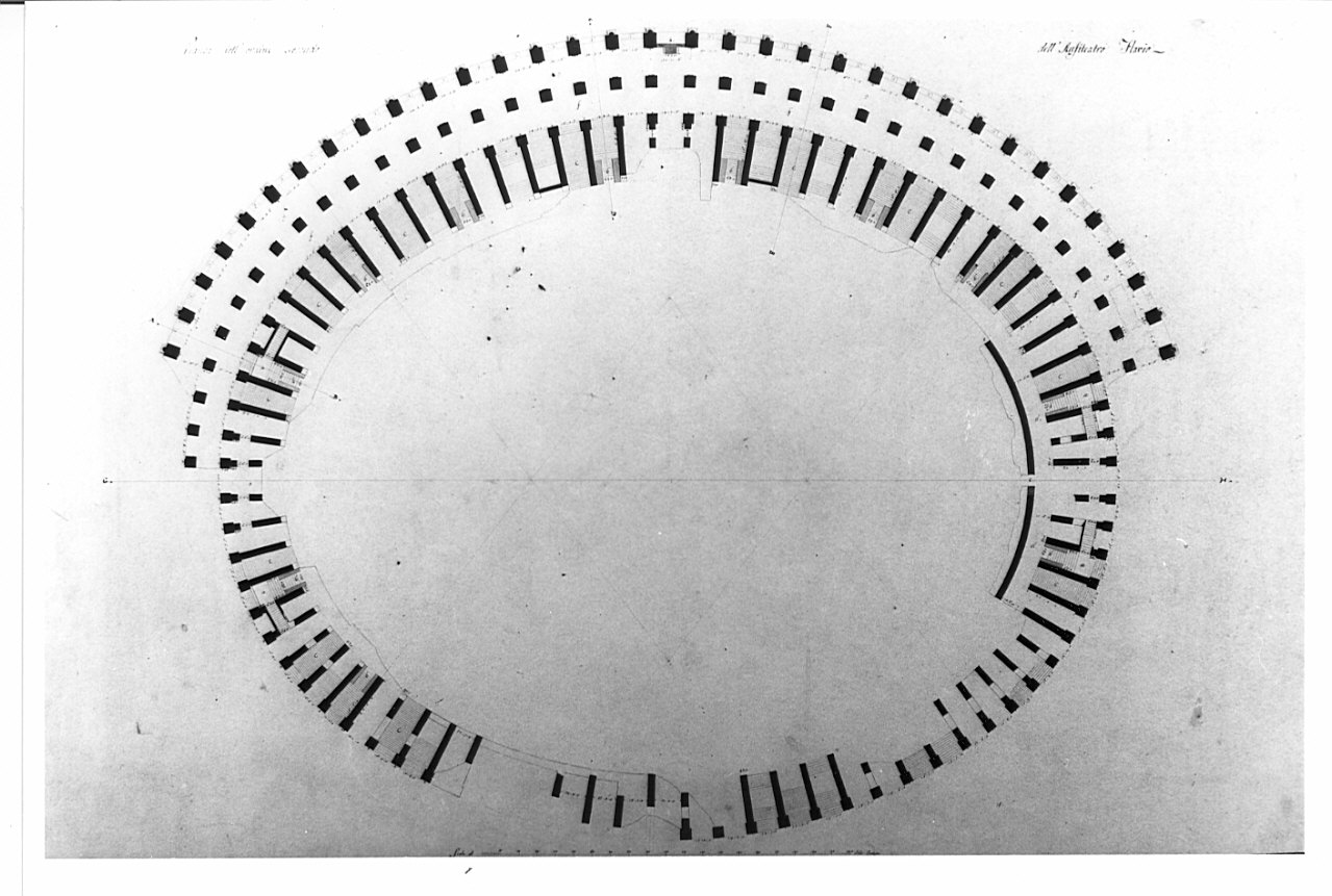 primo piano, architettura: rilievo dell'Anfiteatro Flavio (disegno, opera isolata) di Voghera Luigi (sec. XIX)