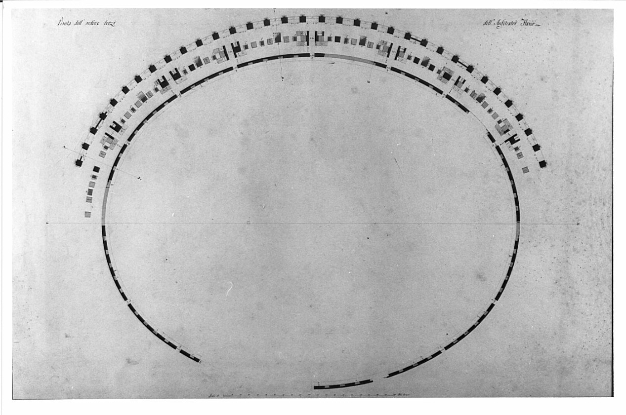 pianta dell'ordine terzo, architettura: rilievo dell'Anfiteatro Flavio (disegno, opera isolata) di Voghera Luigi (sec. XIX)