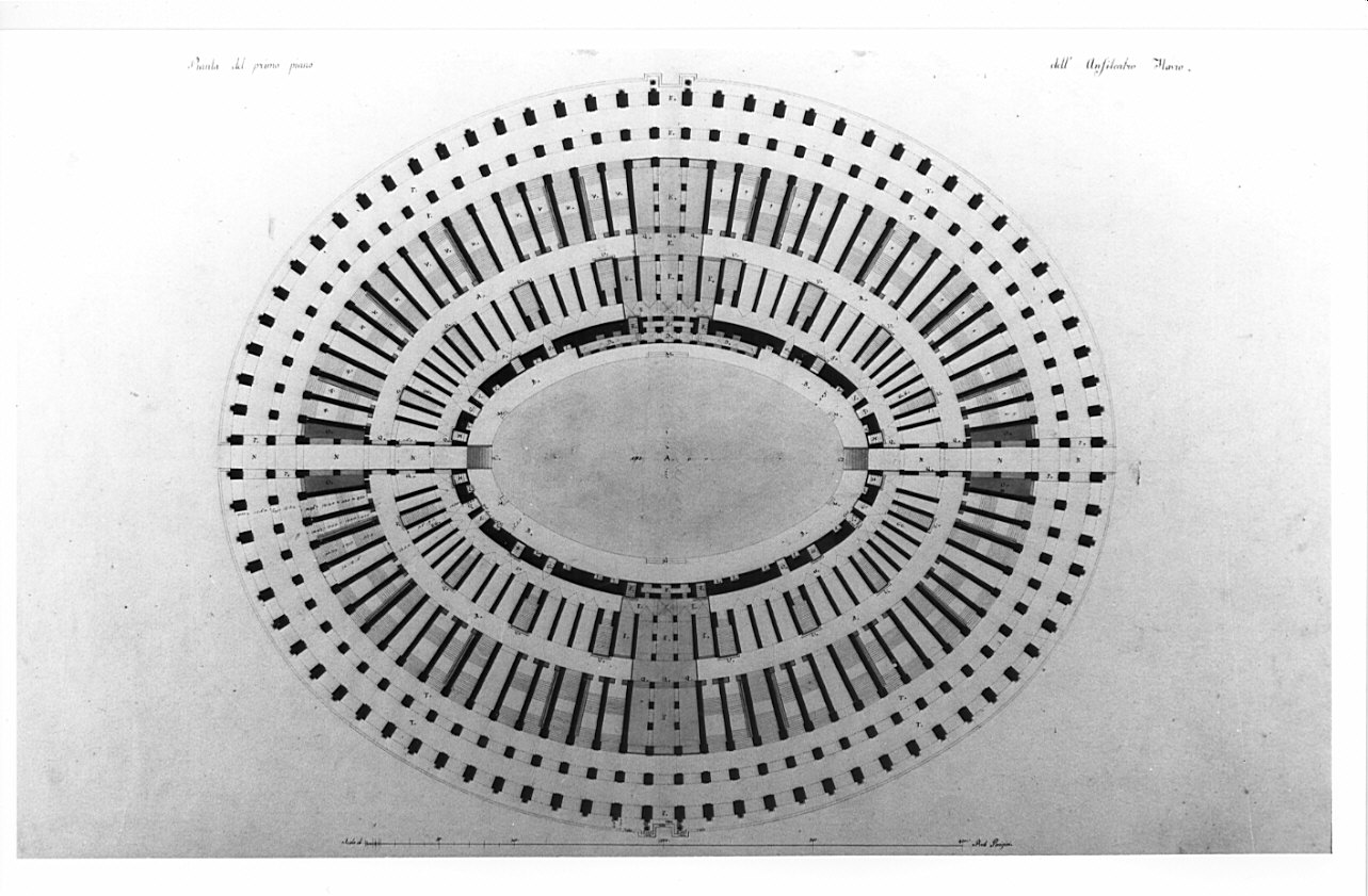 planimetria, architettura: progetto di restauro dell'Anfiteatro Flavio (disegno, opera isolata) di Voghera Luigi (sec. XIX)