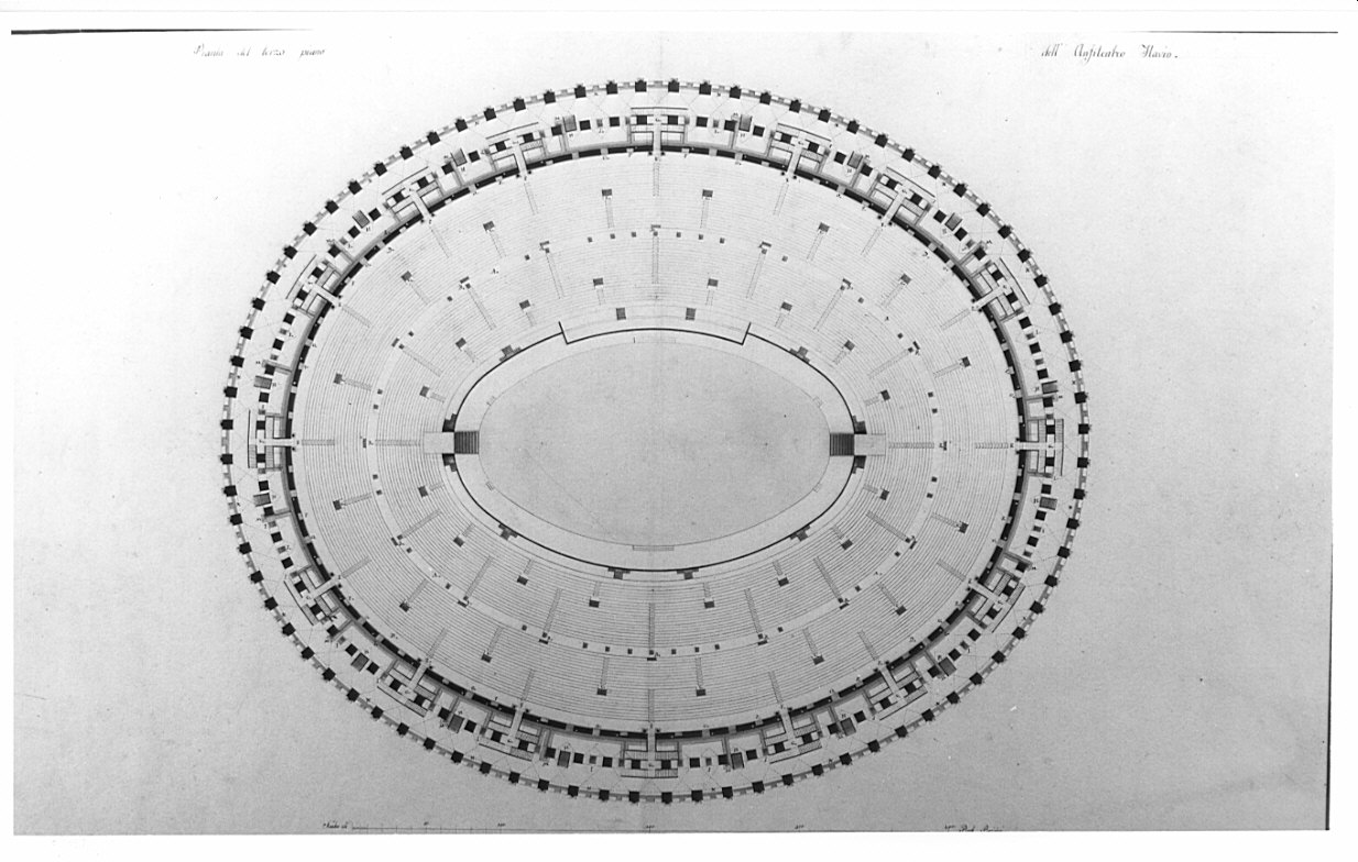 pianta del terzo piano, architettura: progetto di restauro dell'Anfiteatro Flavio (disegno, opera isolata) di Voghera Luigi (sec. XIX)