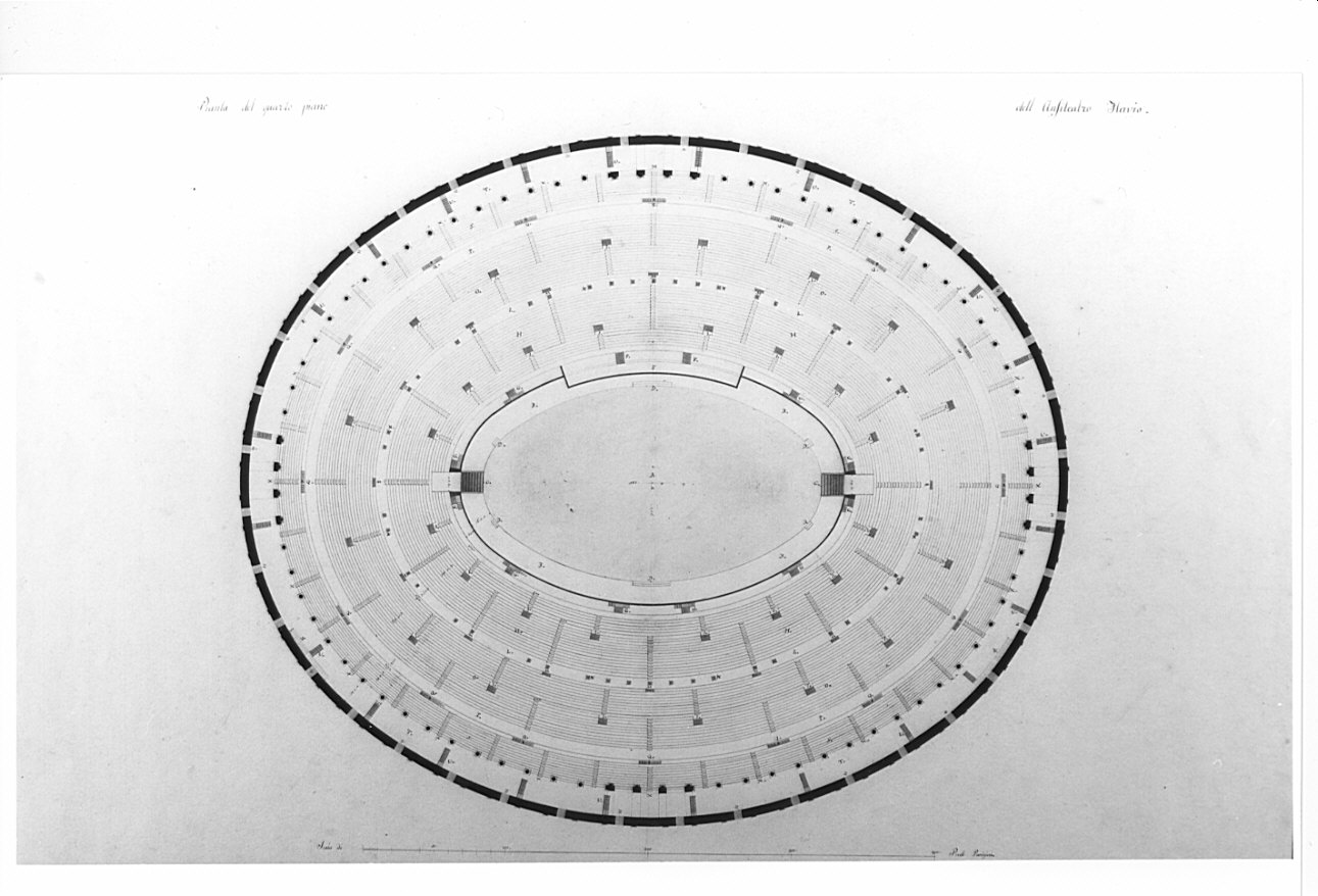 pianta del quarto piano, architettura: progetto di restauro dell'Anfiteatro Flavio (disegno, opera isolata) di Voghera Luigi (sec. XIX)