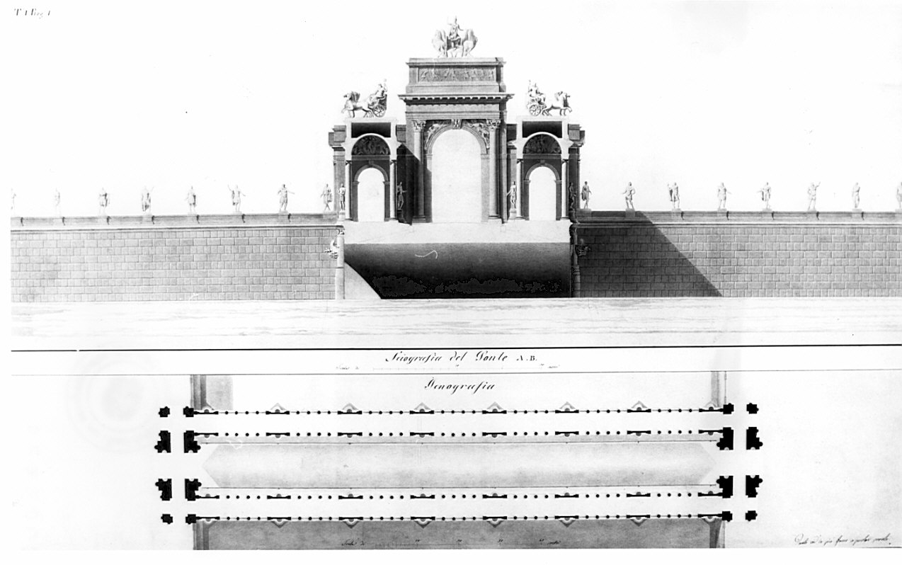 planimetria e sezione, architettura: progetto per ponte trionfale (disegno, opera isolata) di Voghera Luigi (sec. XIX)