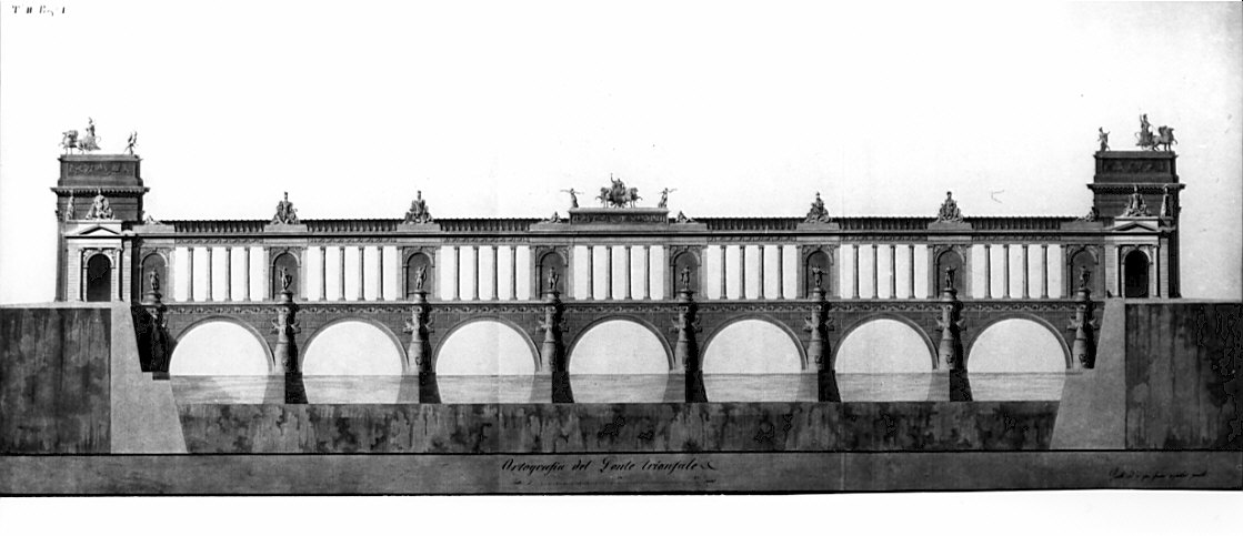 prospetto, architettura: progetto per ponte trionfale (disegno, opera isolata) di Voghera Luigi (sec. XIX)