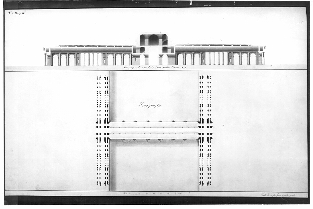 planimetria e sezione, architettura: progetto per ponte trionfale (disegno, opera isolata) di Voghera Luigi (sec. XIX)