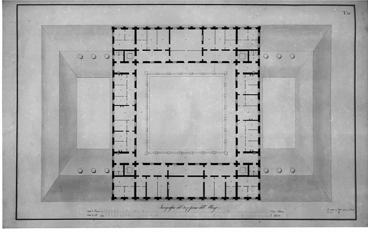 pianta del terzo piano, architettura: progetto per albergo (disegno, opera isolata) di Aluisetti Giulio (sec. XIX)