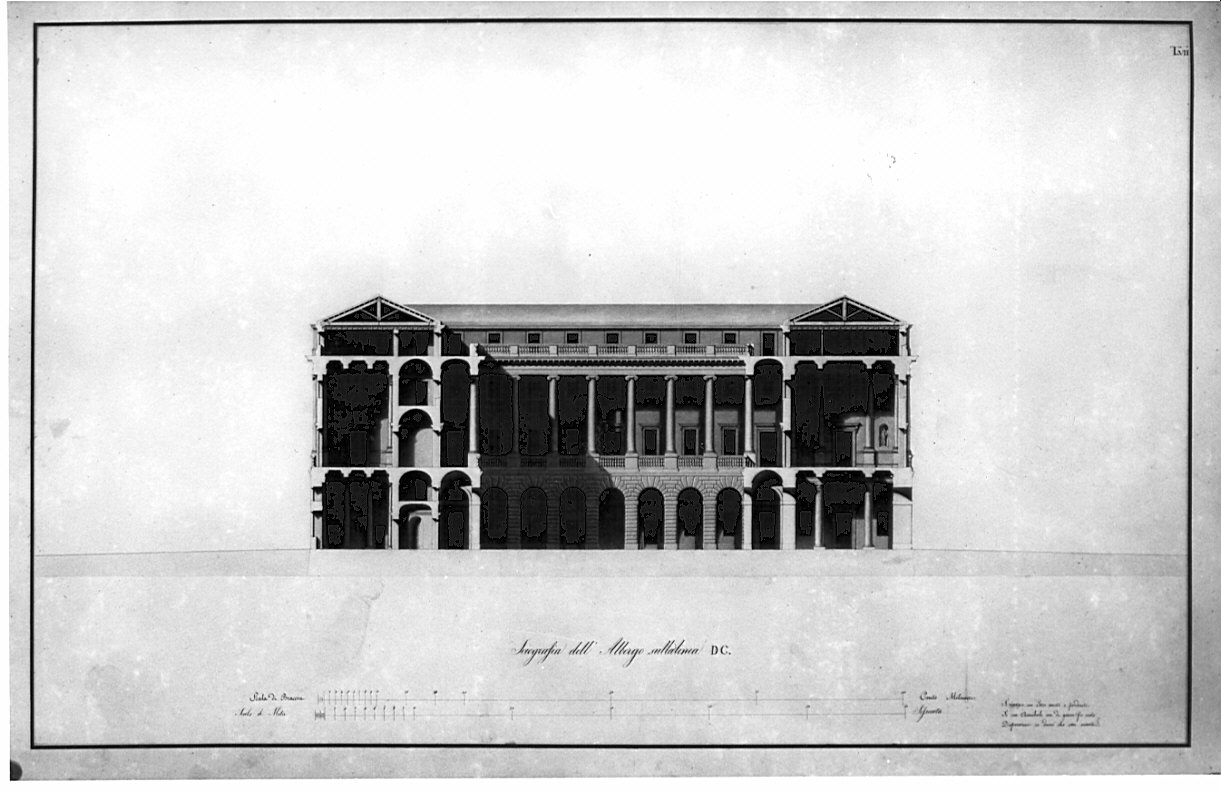 sezione, architettura: progetto per albergo (disegno, opera isolata) di Aluisetti Giulio (sec. XIX)