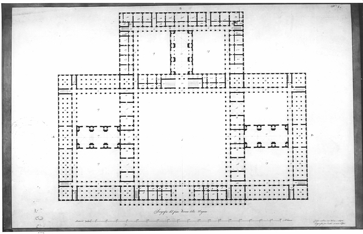 planimetria pianterreno, architettura: progetto per dogana (disegno, opera isolata) di Renzanico Carlo (sec. XIX)