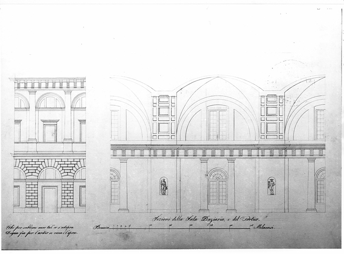 sezione della sala daziaria, architettura: progetto per dogana (disegno, opera isolata) di Renzanico Carlo (sec. XIX)
