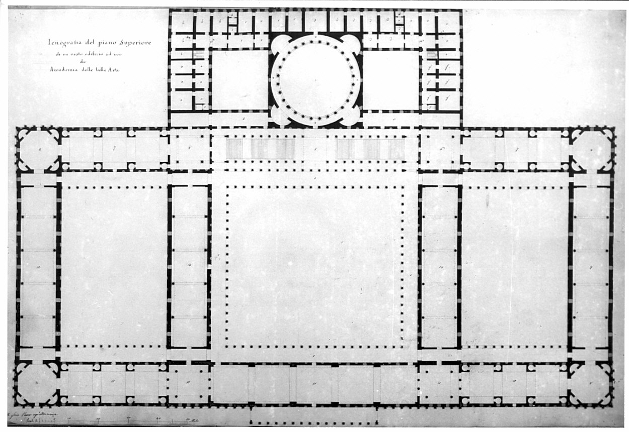 pianta, architettura: progetto per edificio ad uso di Accademia di Belle Arti (disegno, opera isolata) di Buttazzoni Antonio (sec. XIX)