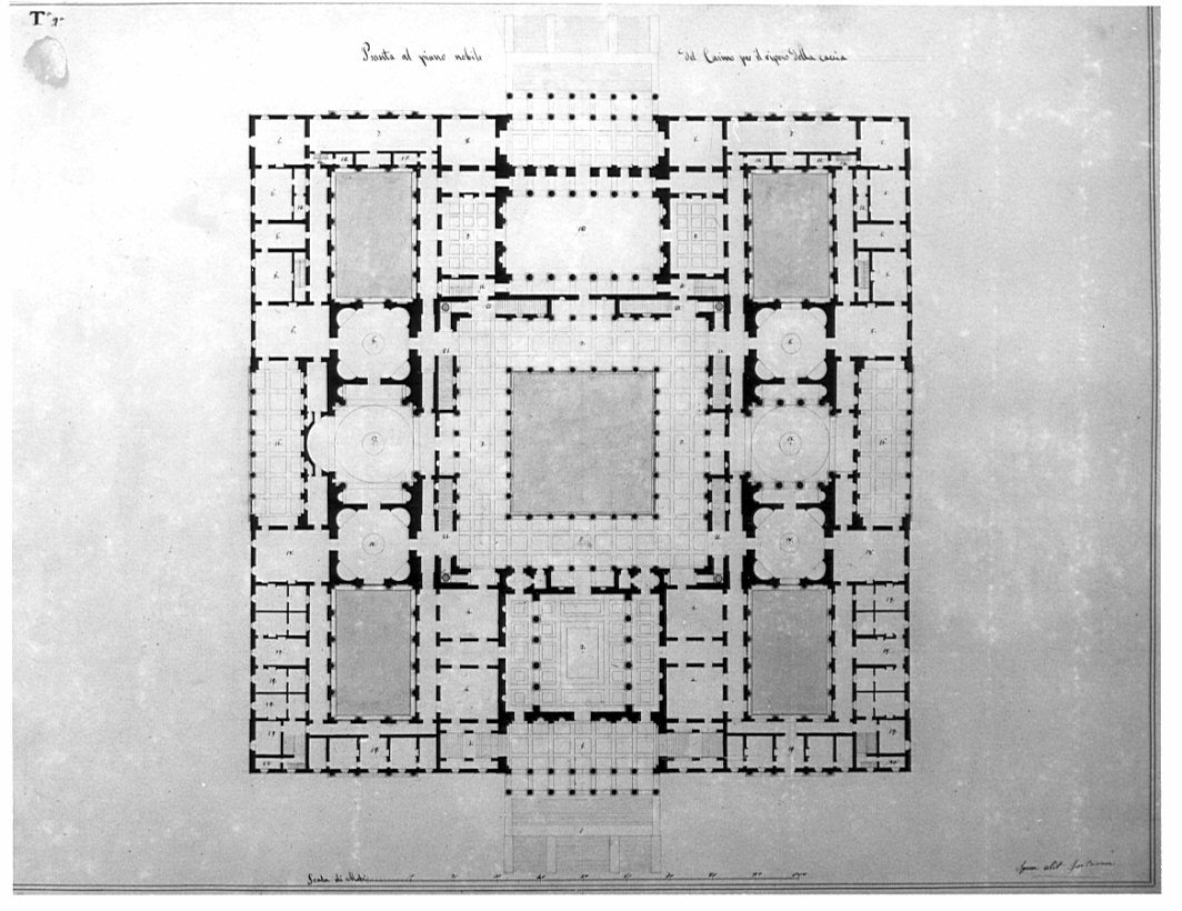 pianta del piano nobile, architettura: progetto per un Casino di caccia per un principe sovrano (disegno, opera isolata) di Visioli Carlo Domenico (sec. XIX)