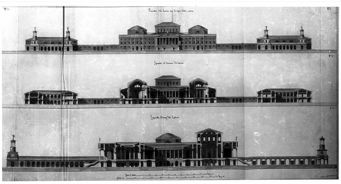 prospetto e sezione, architettura: progetto per un Casino di caccia per un principe sovrano (disegno, opera isolata) di Visioli Carlo Domenico (sec. XIX)