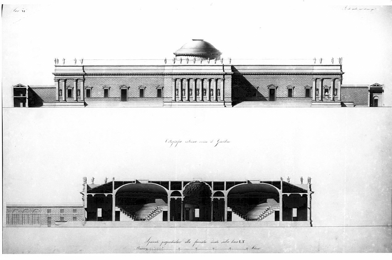 prospetto e sezione, architettura: progetto per un Liceo e Giardino Botanico (disegno, opera isolata) di Caronesi Ferdinando (sec. XIX)
