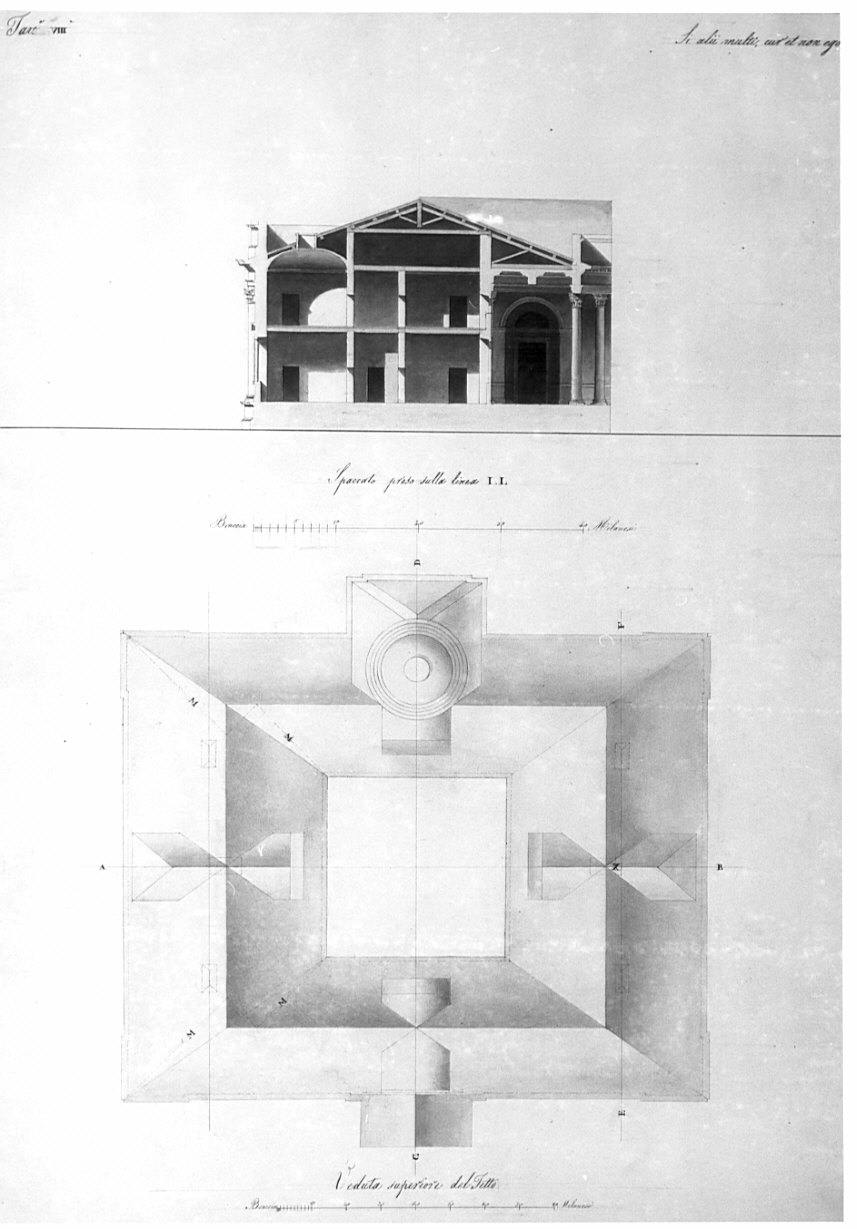 sezione trasversale e pianta della copertura, architettura: progetto per un Liceo e Giardino Botanico (disegno, opera isolata) di Caronesi Ferdinando (sec. XIX)