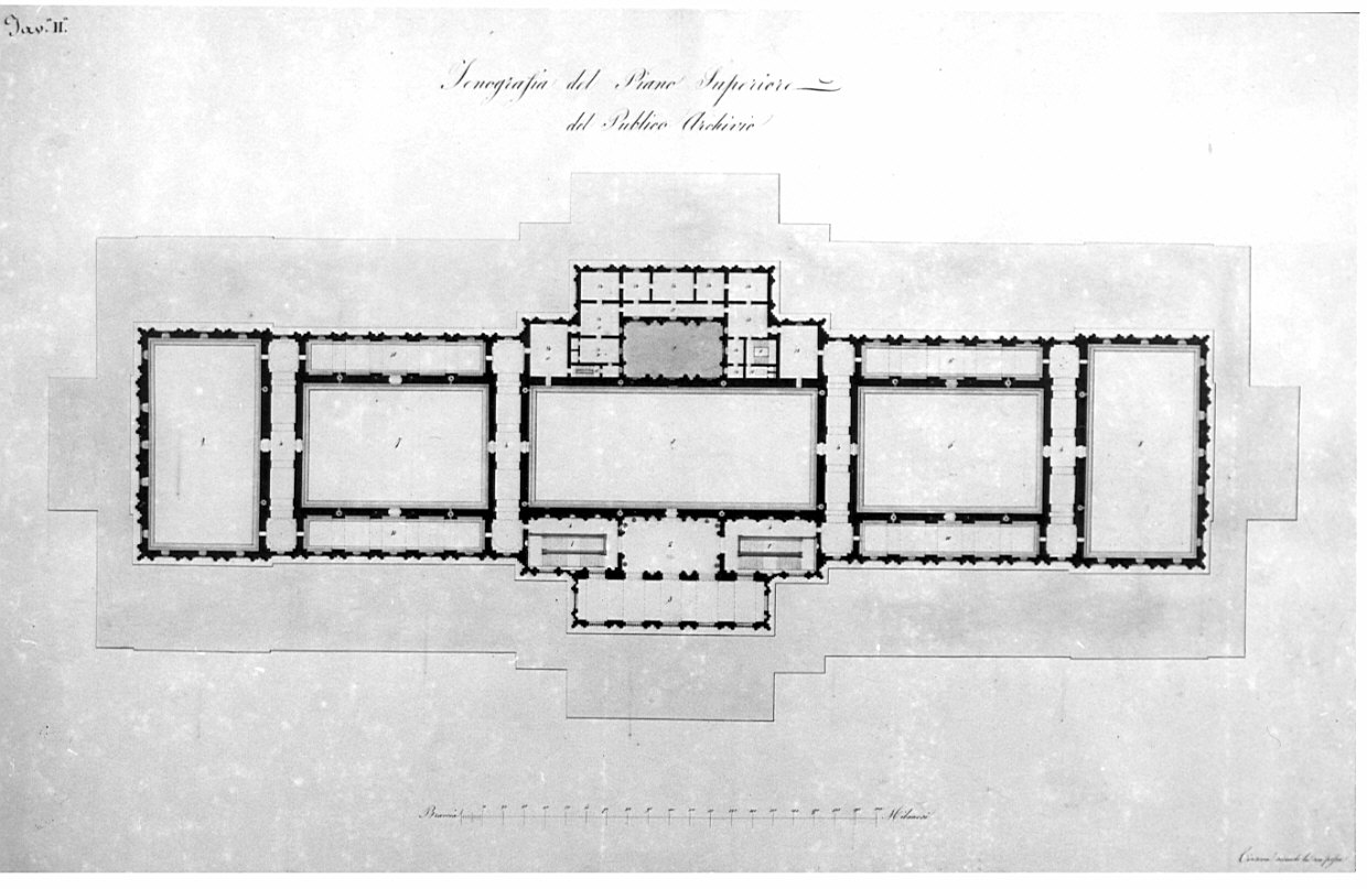 pianta del piano superiore, architettura: progetto per un Archivio Pubblico (disegno, opera isolata) di Fossati Gaspare (sec. XIX)