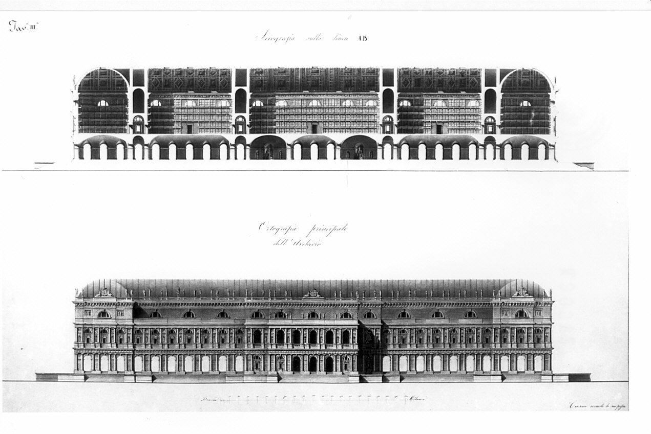 prospetto e sezione, architettura: progetto per un Archivio Pubblico (disegno, opera isolata) di Fossati Gaspare (sec. XIX)