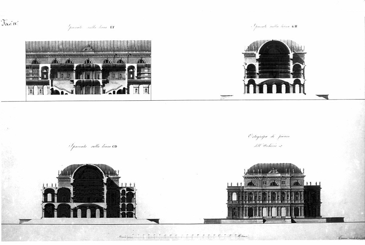 prospetto e sezione, architettura: progetto per un Archivio Pubblico (disegno, opera isolata) di Fossati Gaspare (sec. XIX)