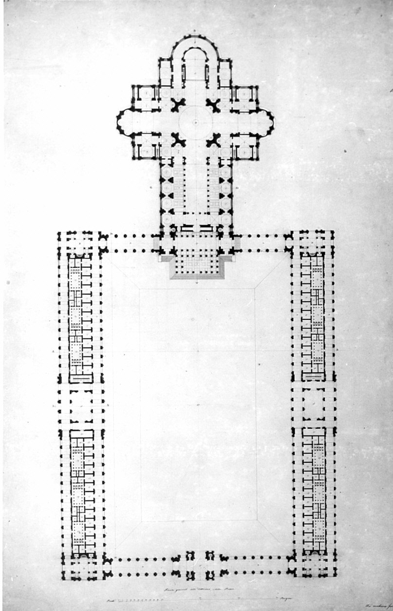 pianta, architettura: progetto per una Cattedrale e una piazza (disegno, opera isolata) di Turconi Francesco (sec. XIX)