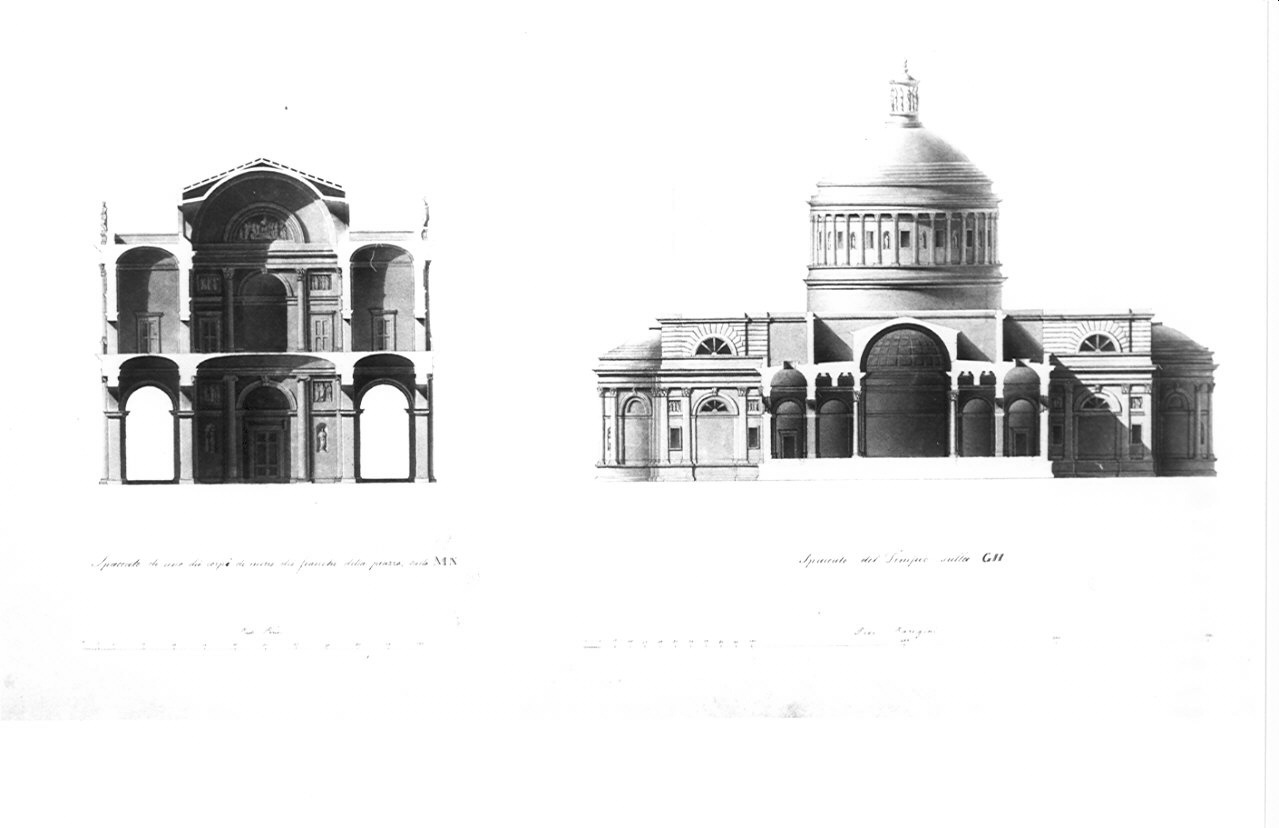 sezione, architettura: progetto per una Cattedrale e una piazza (disegno, opera isolata) di Turconi Francesco (sec. XIX)