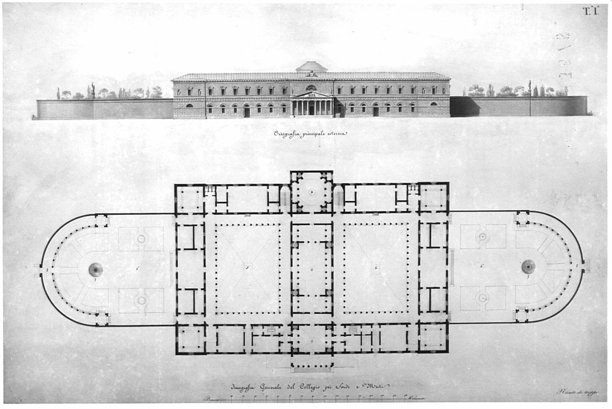 pianta e prospetto, architettura: progetto per Edificio per convitto e ammaestramento di sordi e di muti per una città capitale (disegno, opera isolata) di Terzaghi Enrico (sec. XIX)