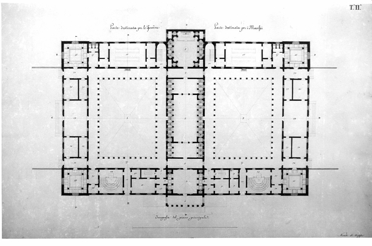 pianta, architettura: progetto per Edificio per convitto e ammaestramento di sordi e di muti per una città capitale (disegno, opera isolata) di Terzaghi Enrico (sec. XIX)