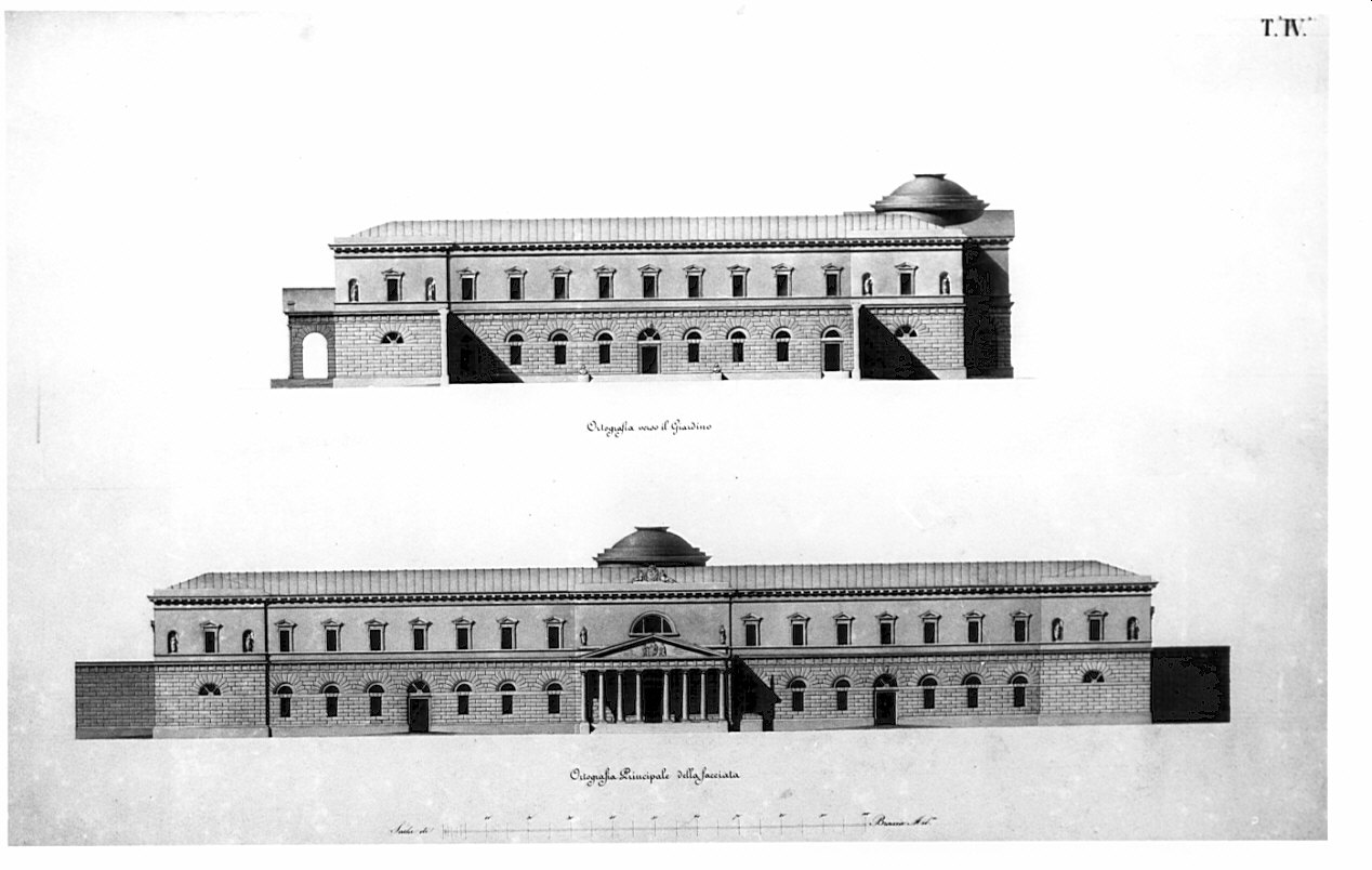 prospetto, architettura: progetto per Edificio per convitto e ammaestramento di sordi e di muti per una città capitale (disegno, opera isolata) di Terzaghi Enrico (sec. XIX)