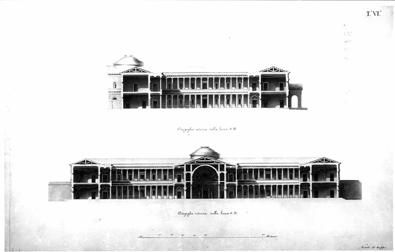 sezione, architettura: progetto per Edificio per convitto e ammaestramento di sordi e di muti per una città capitale (disegno, opera isolata) di Terzaghi Enrico (sec. XIX)