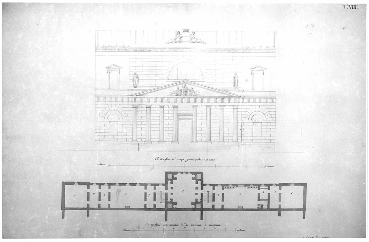 dettaglio del pronao d'ingresso, architettura: progetto per Edificio per convitto e ammaestramento di sordi e di muti per una città capitale (disegno, opera isolata) di Terzaghi Enrico (sec. XIX)