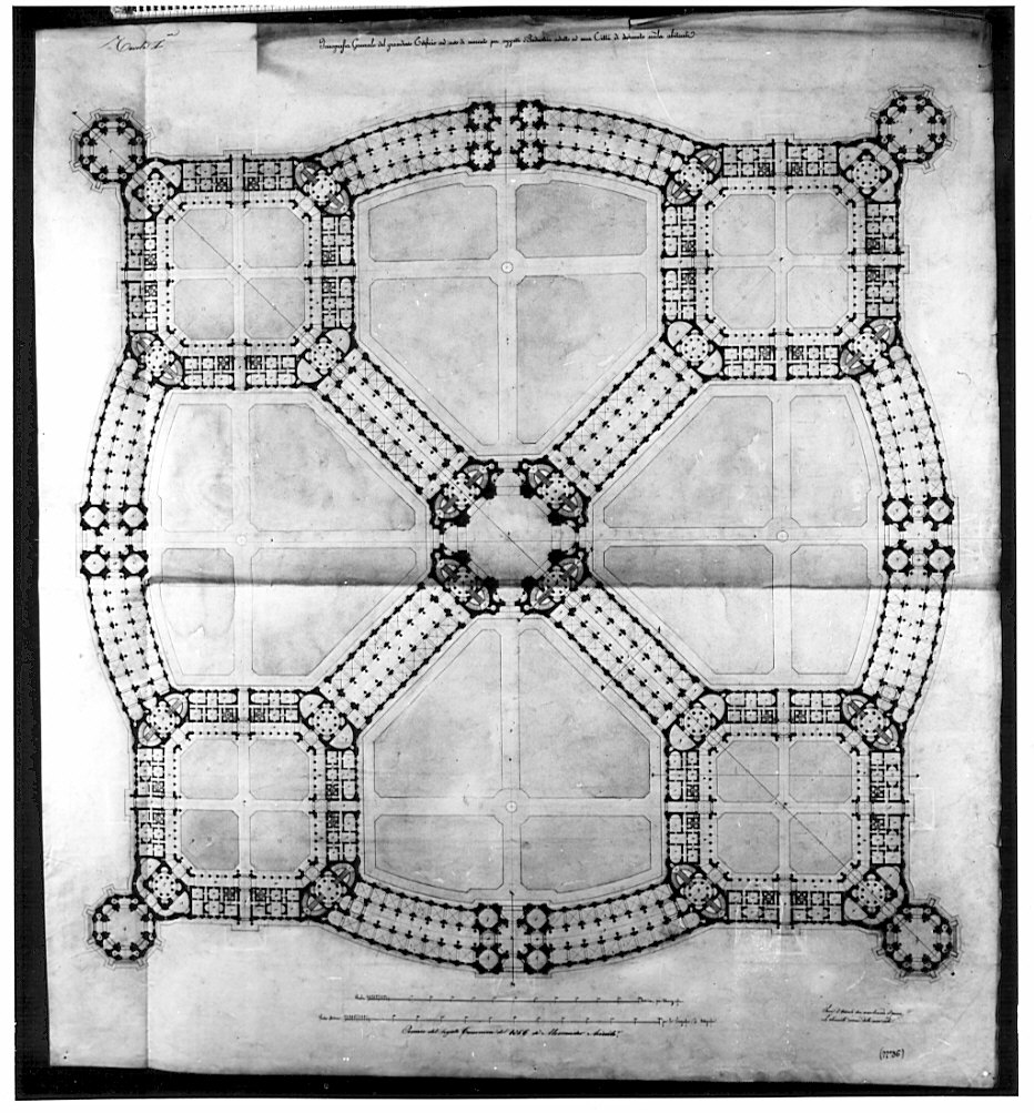 pianta, architettura: progetto per mercato di oggetti industriali e abitazioni (disegno, opera isolata) di Arienti Alessandro (sec. XIX)
