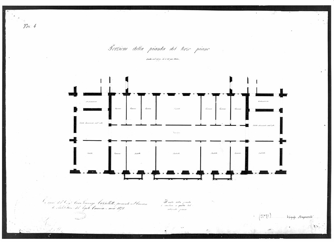 pianta parziale del terzo piano, architettura: progetto per un Albergo (disegno, opera isolata) di Cappelletti Gian Vincenzo (sec. XIX)