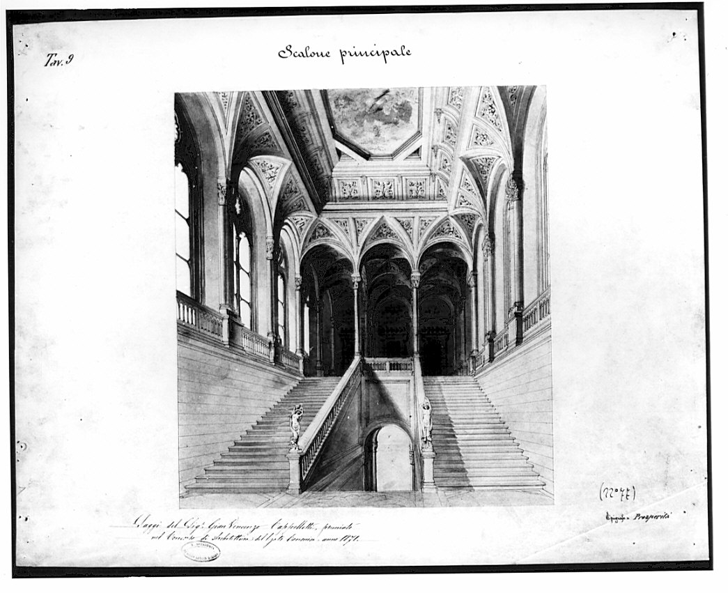 prospettiva dello scalone, architettura: progetto per un Albergo (disegno, opera isolata) di Cappelletti Gian Vincenzo (sec. XIX)
