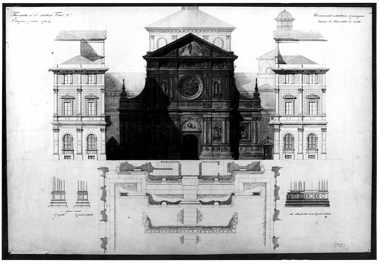 prospetto e pianta, architettura: progetto per la facciata della chiesa di S. Satiro a Milano (disegno, opera isolata) di Osnago Cesare (sec. XIX)