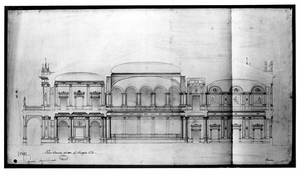 sezione, architettura: progetto per un edificio isolato per società musicale (disegno, opera isolata) di Pinto Cristoforo (sec. XIX)