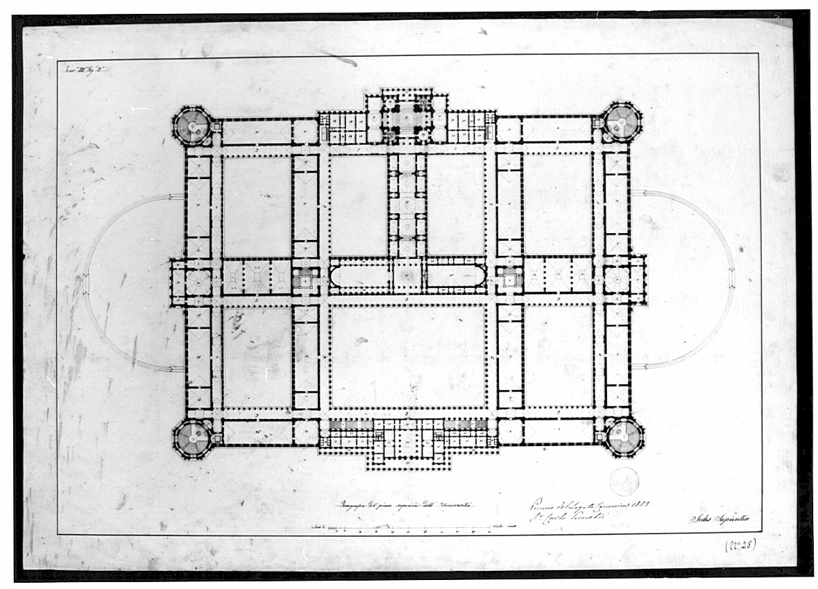 pianta del piano superiore, architettura: progetto per Università (disegno, opera isolata) di Peverelli Carlo (sec. XIX)