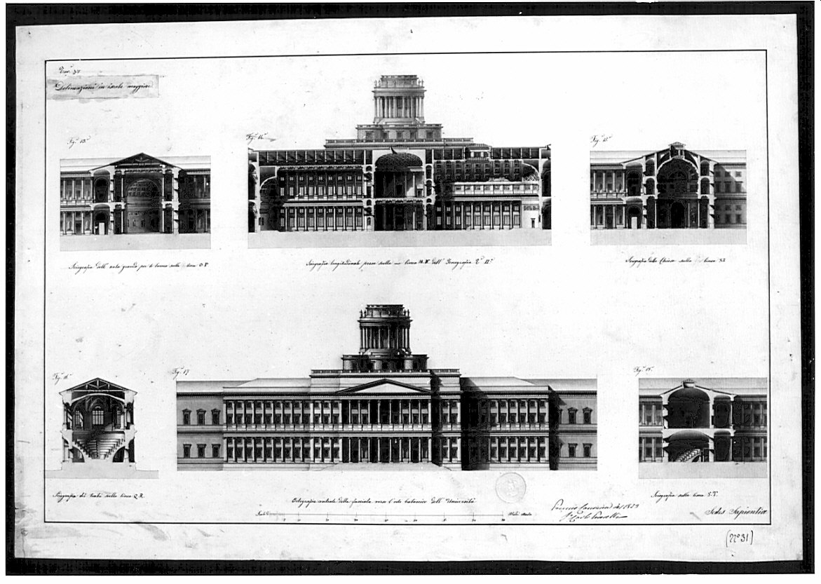 prospetto e sezione, architettura: progetto per Università (disegno, opera isolata) di Peverelli Carlo (sec. XIX)