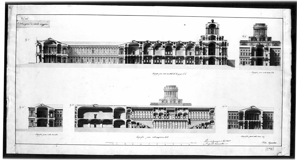 sezione, architettura: progetto per Università (disegno, opera isolata) di Peverelli Carlo (sec. XIX)
