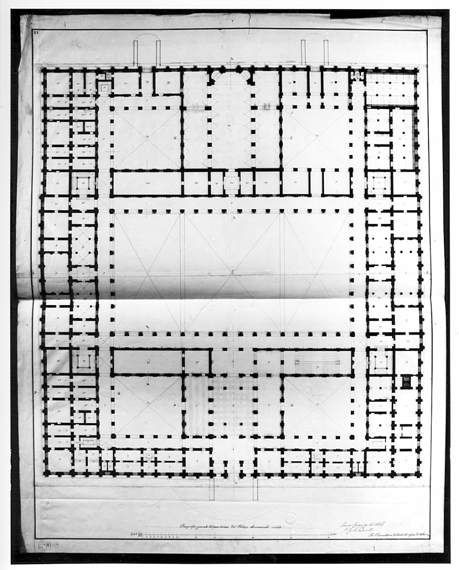 pianta del piano terreno, architettura: progetto per Palazzo Arcivescovile (disegno, opera isolata) di Peverelli Carlo (sec. XIX)