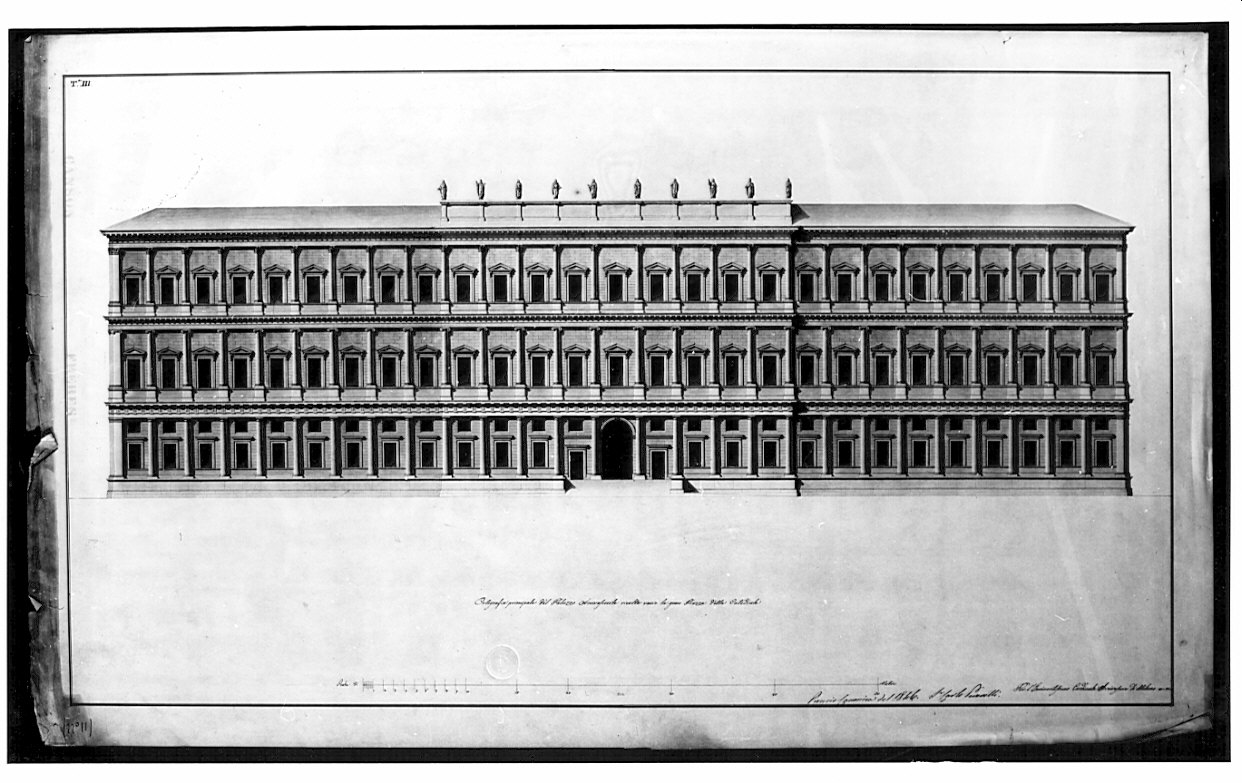 pianta del primo piano, architettura: progetto per Palazzo Arcivescovile (disegno, opera isolata) di Peverelli Carlo (sec. XIX)