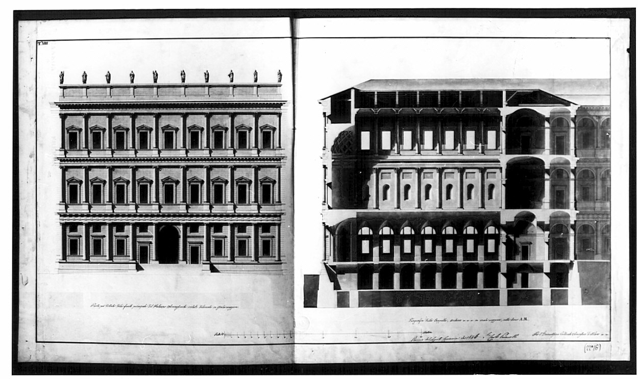 prospetto e sezione, architettura: progetto per Palazzo Arcivescovile (disegno, opera isolata) di Peverelli Carlo (sec. XIX)