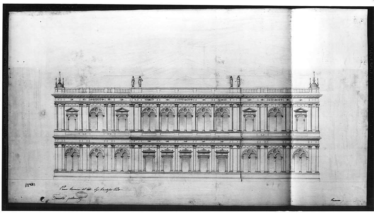 prospetto, architettura: progetto per un edificio isolato per società musicale (disegno, opera isolata) di Pinto Cristoforo (sec. XIX)