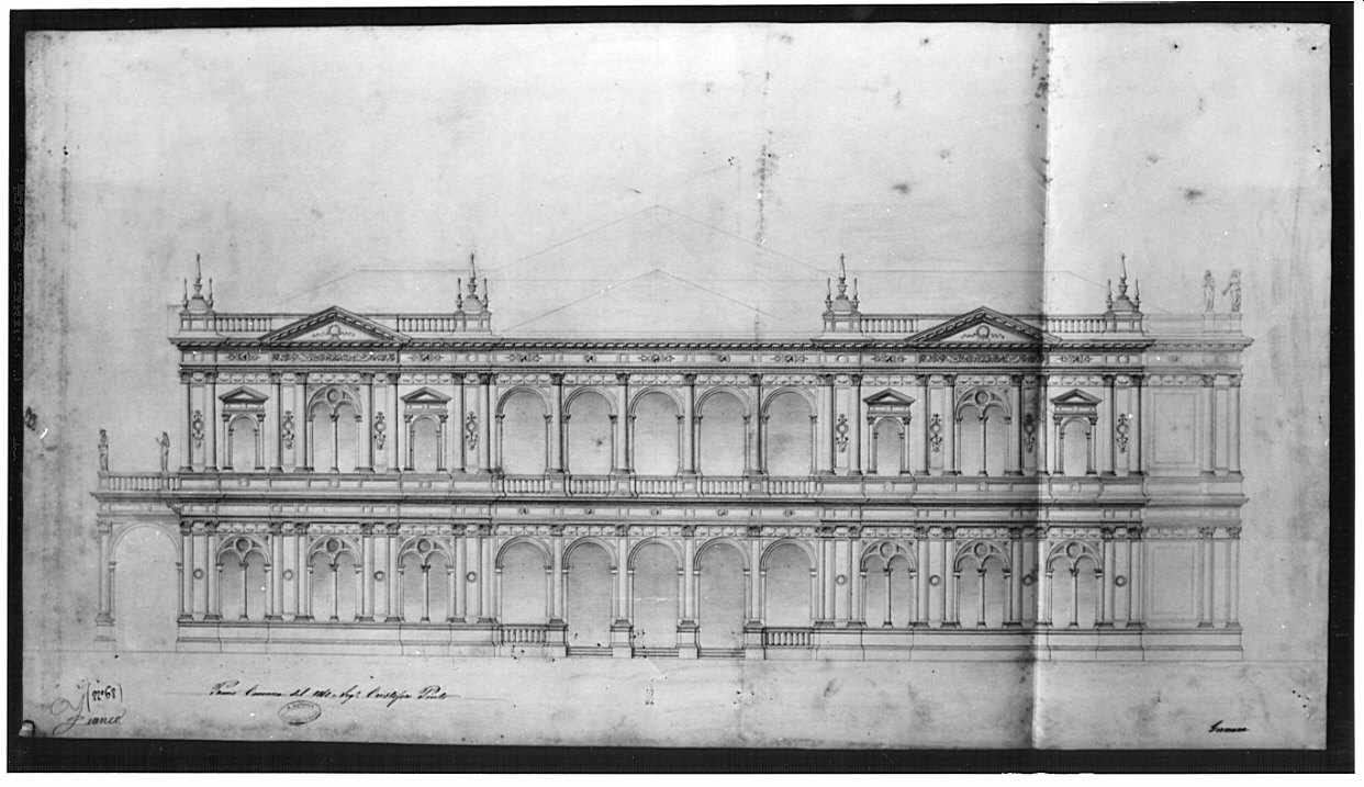 prospetto, architettura: progetto per un edificio isolato per società musicale (disegno, opera isolata) di Pinto Cristoforo (sec. XIX)