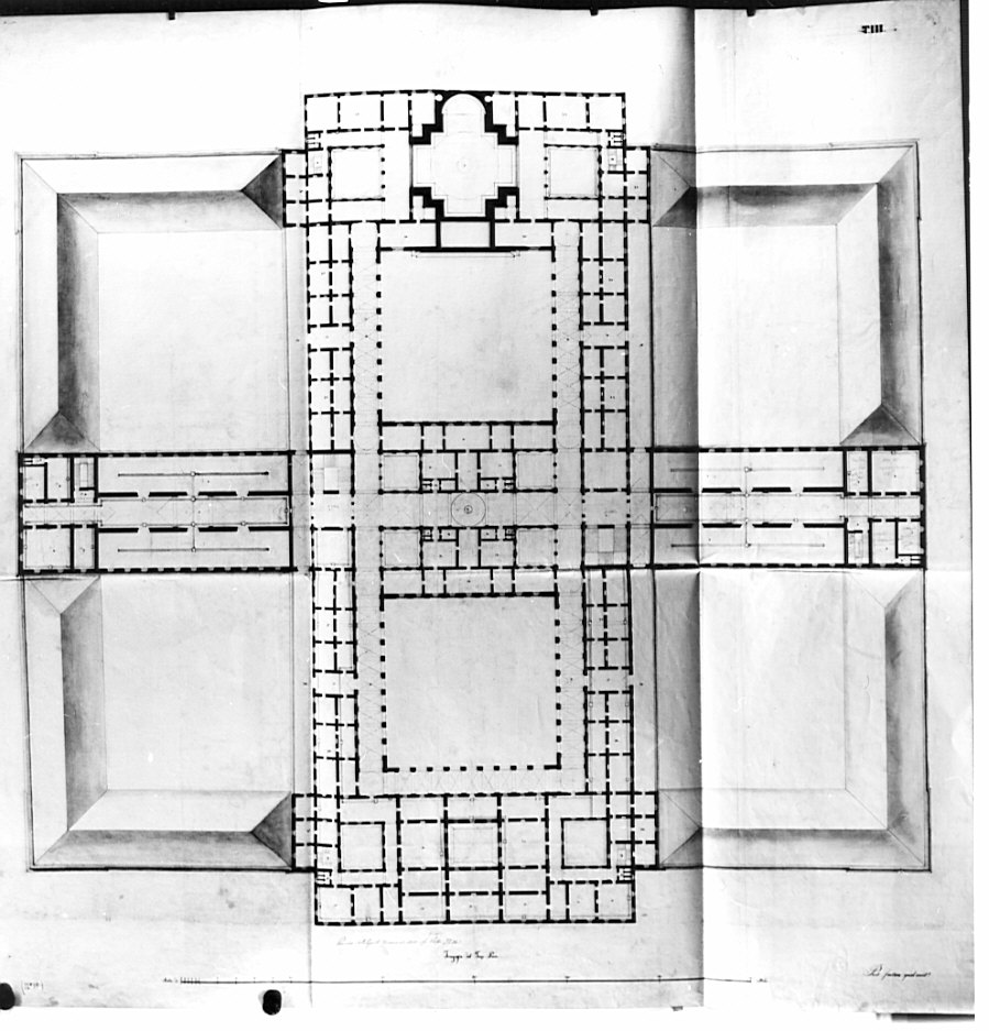 pianta, architettura: progetto per manicomio (disegno, opera isolata) di Isella Giuseppe (sec. XIX)