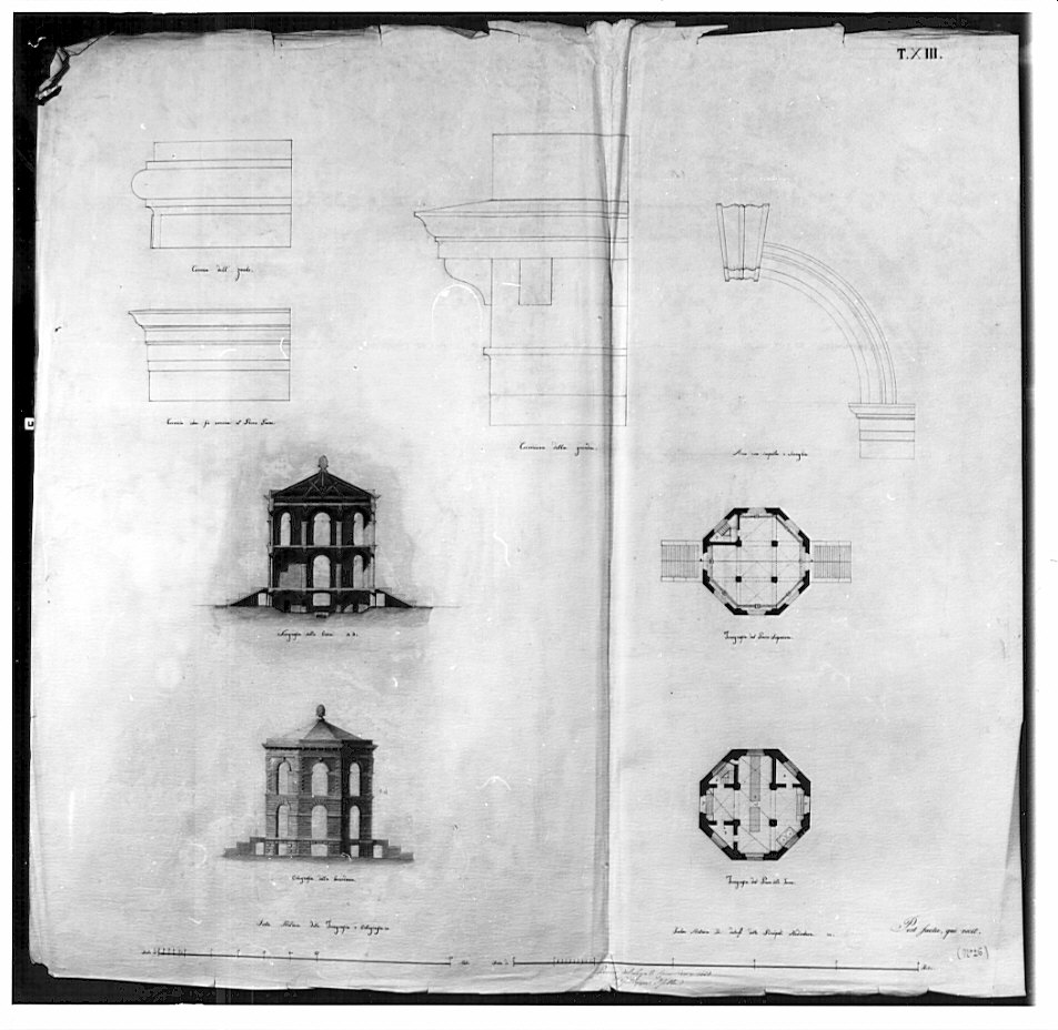 prospetto e sezione (particolari), architettura: progetto per manicomio (disegno, opera isolata) di Isella Giuseppe (sec. XIX)
