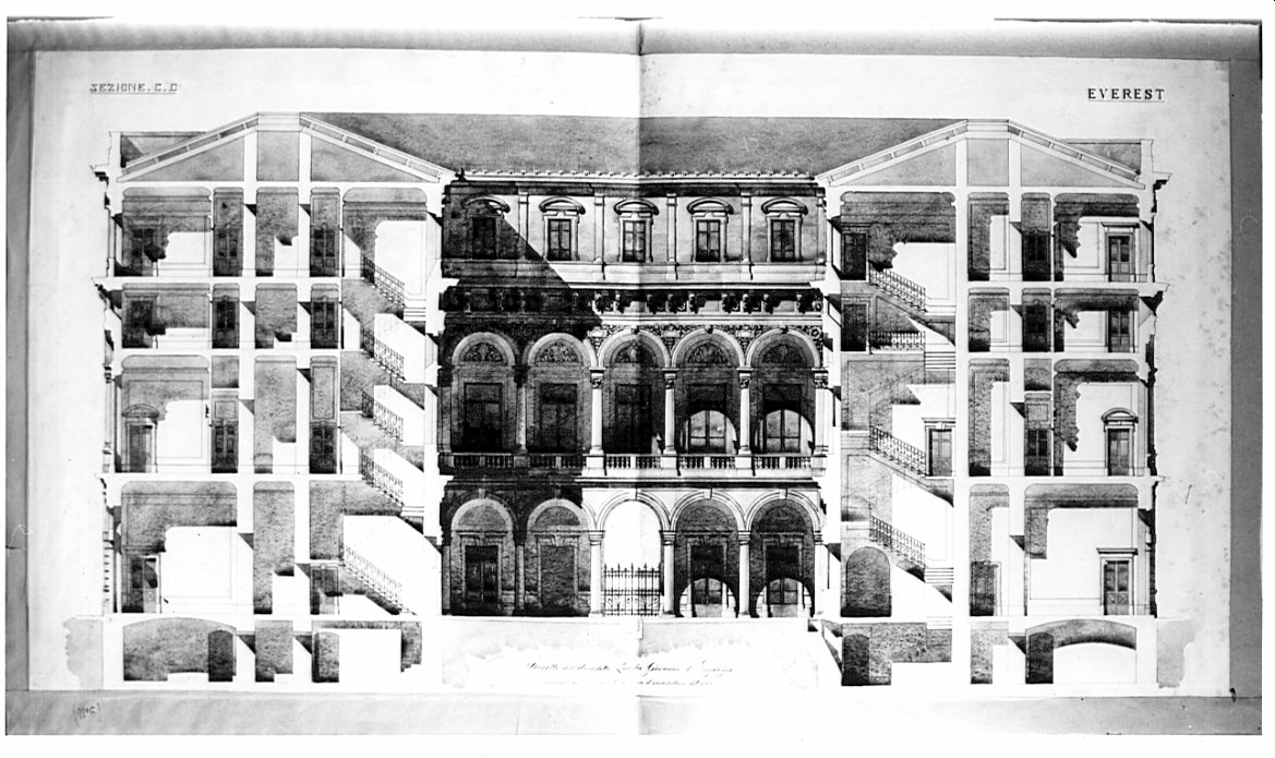 sezione, architettura: progetto per una casa da pigione decorosamente ornata (disegno, opera isolata) di Quadri Giovanni (sec. XIX)