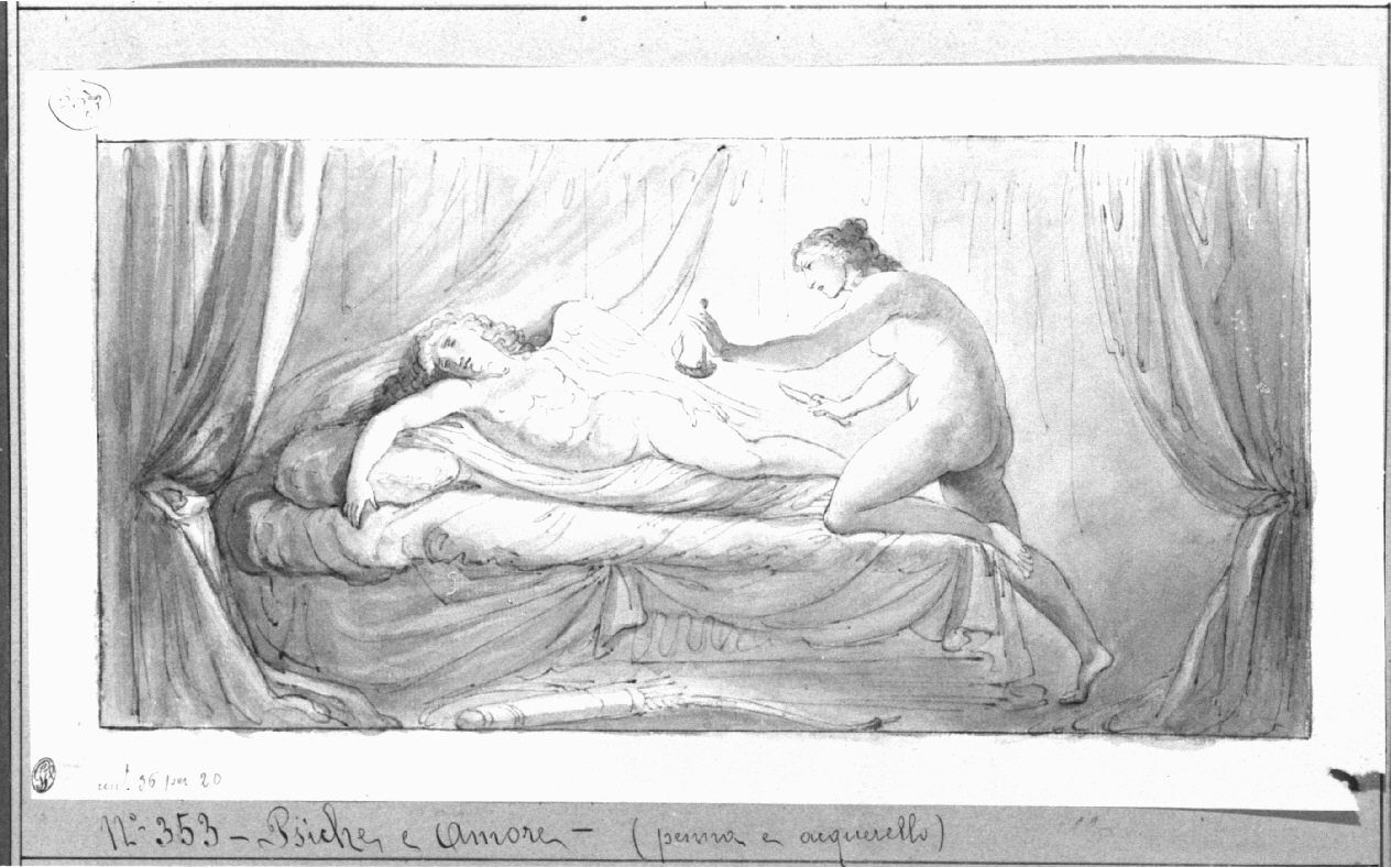 Scena mitologica, Psiche, con una lampada in mano, spia Cupido addormentato (disegno, opera isolata) di Appiani Andrea (sec. XVIII)