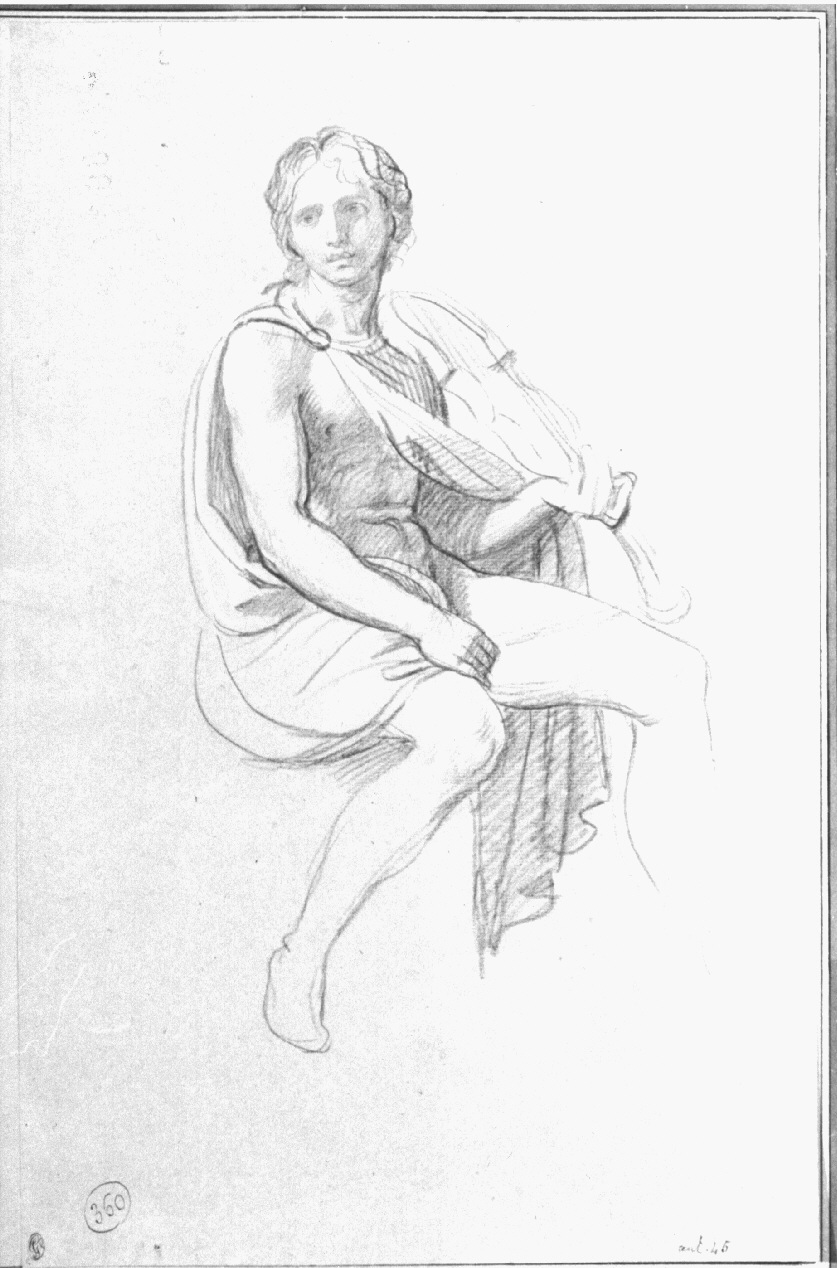 figura maschile seduta con strumento musicale a corda (disegno, opera isolata) di Appiani Andrea (sec. XVIII)