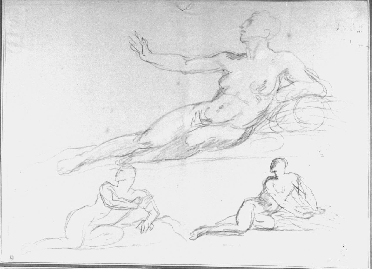 figura femminile nuda su un lato, con la parte superiore del corpo sollevata e il braccio poggiato (disegno, opera isolata) di Appiani Andrea (sec. XIX)