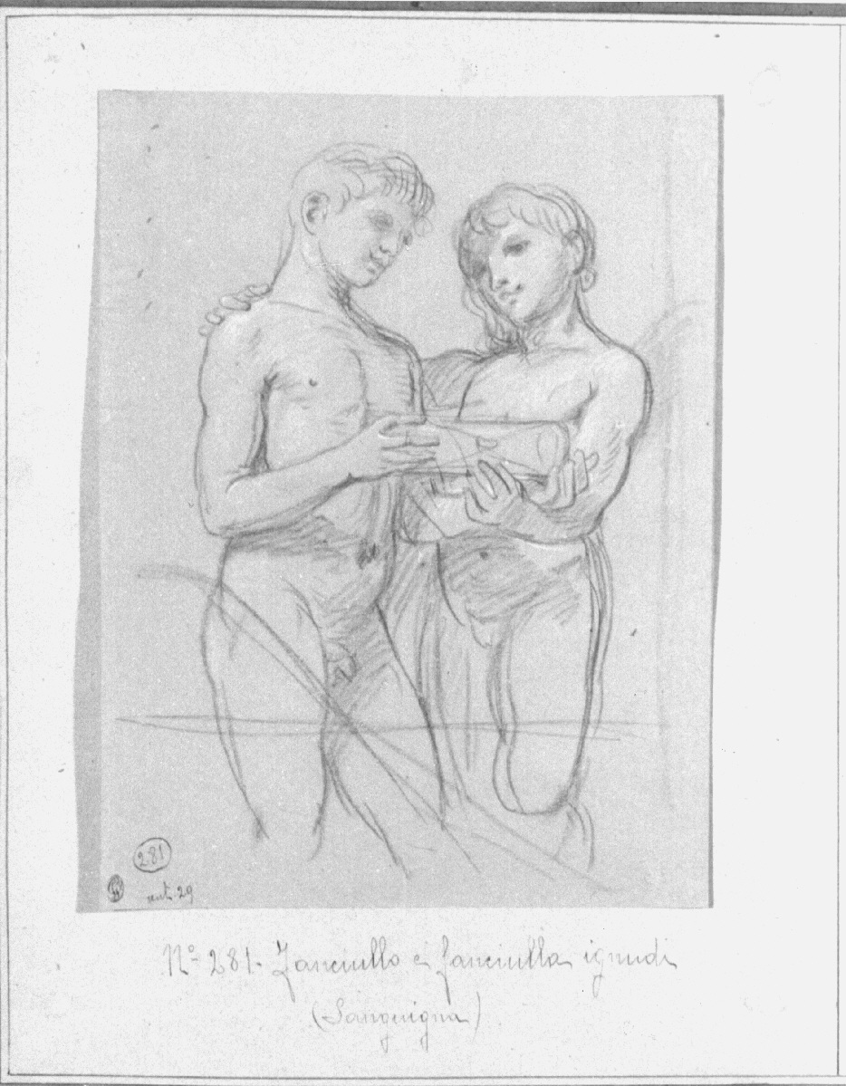giovane donna e giovane uomo nudi abbracciati (disegno, opera isolata) di Appiani Andrea (sec. XIX)